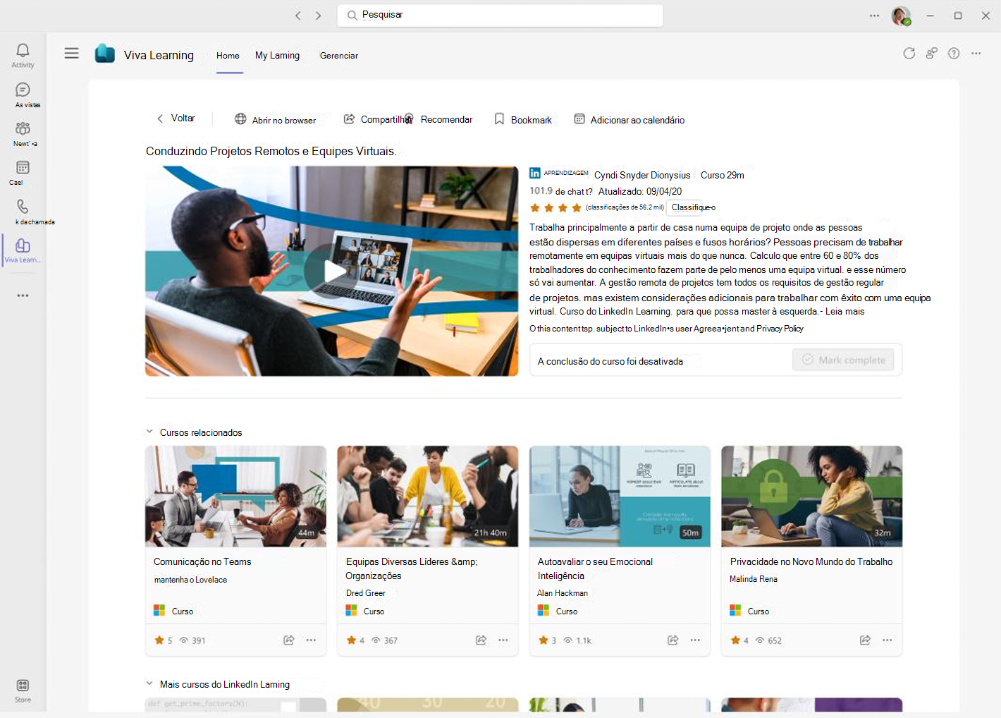 Captura de ecrã a mostrar a experiência do formando.