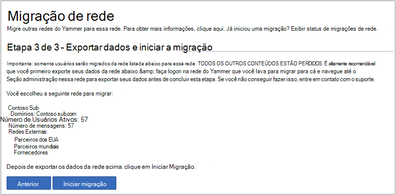 Captura de tela da Etapa 3 de 3 – Exportar dados & Iniciar migração.