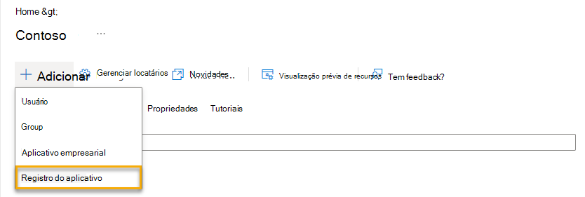 Captura de ecrã que mostra como adicionar um novo registo de aplicação.