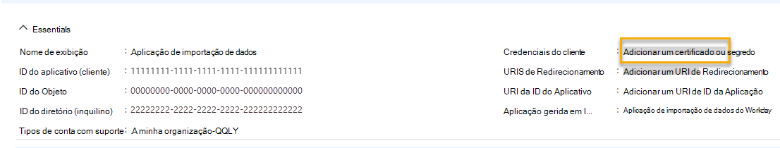 Captura de ecrã que mostra como adicionar um certificado ou segredo.