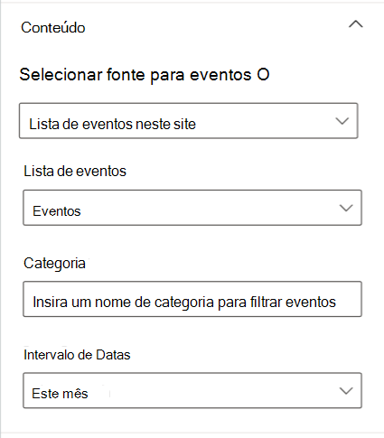 Captura de ecrã a mostrar a secção de conteúdo no painel de propriedades do cartão Eventos.