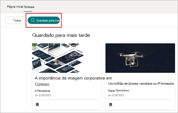 Captura de ecrã do leitor de notícias com o botão guardado para mais tarde realçado.