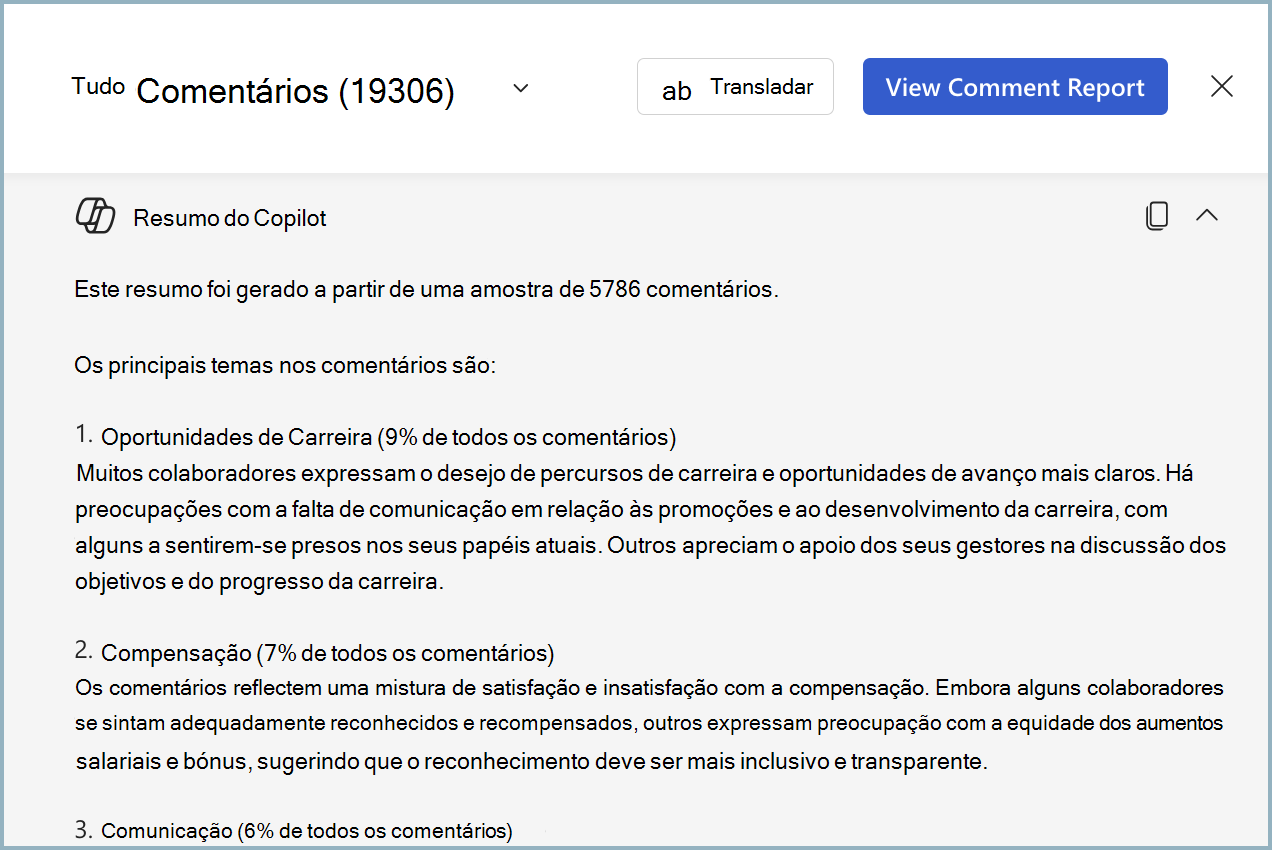 Captura de ecrã a mostrar o resumo de comentários que Copilot resume apenas até 8000 comentários.