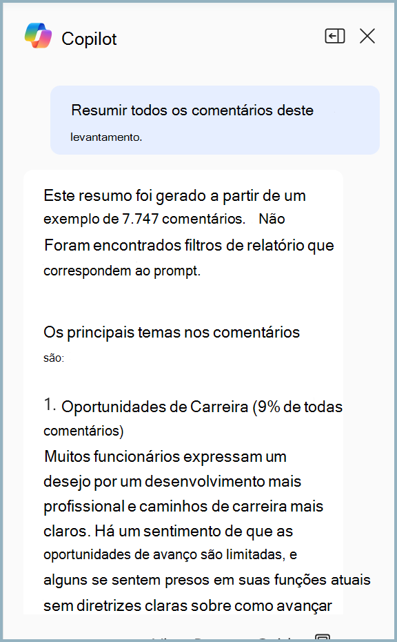 Captura de ecrã a mostrar um resumo Copilot no Viva Glint.