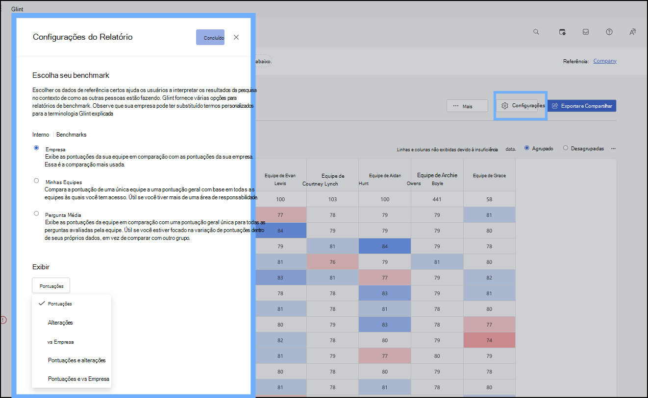 Captura de tela do uso do botão Configurações para abrir a janela Configurações de Relatório.