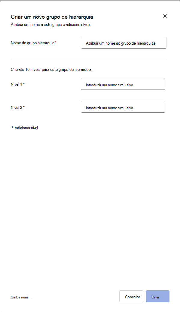 Captura de ecrã a mostrar a caixa de diálogo Viva Glint para adicionar uma nova hierarquia.
