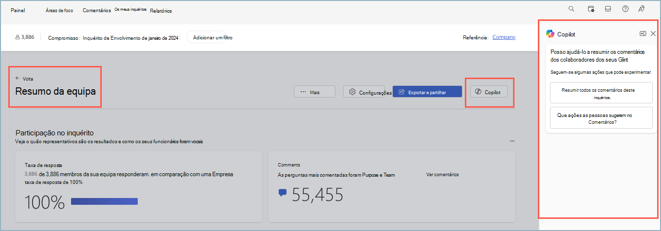Captura de ecrã a mostrar o botão Copilot na dashboard Resumo da Equipa do Gestor.