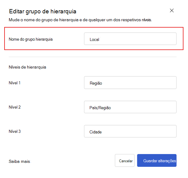 Captura de ecrã a mostrar a caixa de diálogo Viva Glint para editar um nome de grupo de hierarquia.