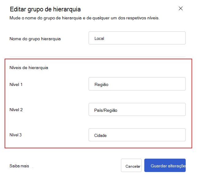 Captura de ecrã a mostrar a caixa de diálogo Viva Glint para editar nomes ao nível da hierarquia.
