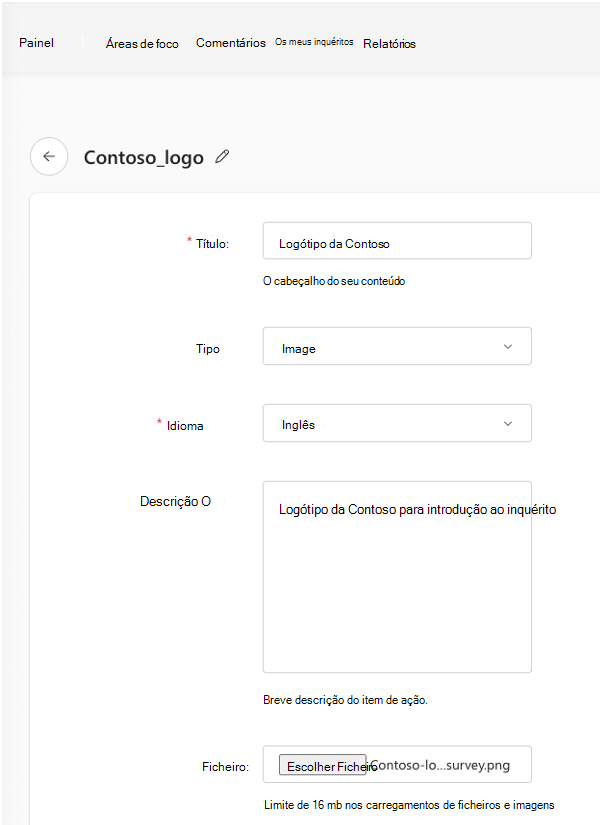 Captura de ecrã dos campos concluídos para adicionar um logótipo como Viva Glint Recurso de Conteúdo.