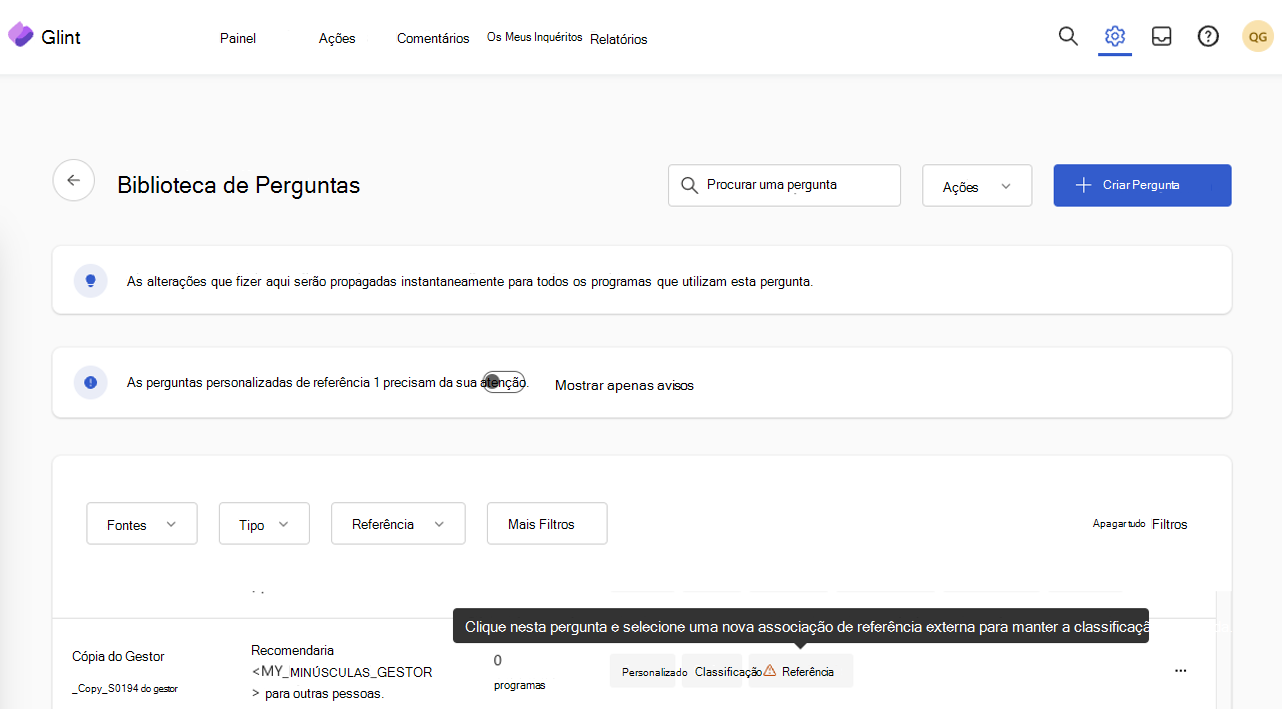 Captura de ecrã da Biblioteca de Perguntas com uma pergunta personalizada sinalizada para mapeamento de referência.