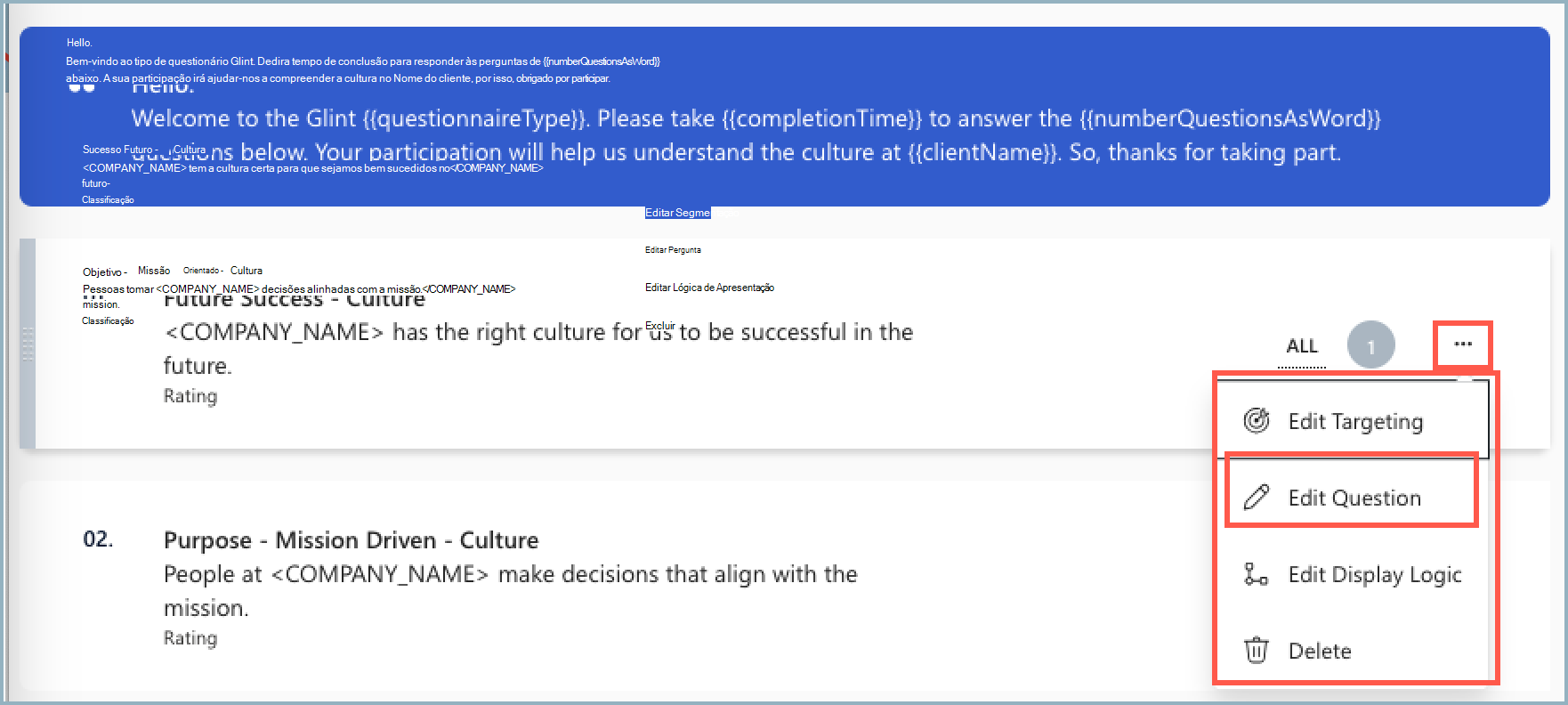 Captura de ecrã a mostrar o menu pendente junto aos itens do inquérito.
