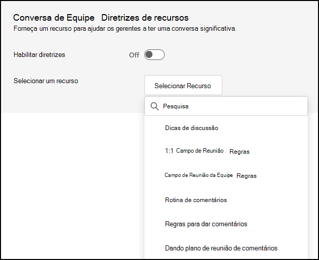 Captura de ecrã a mostrar o menu pendente Selecionar um Recurso.