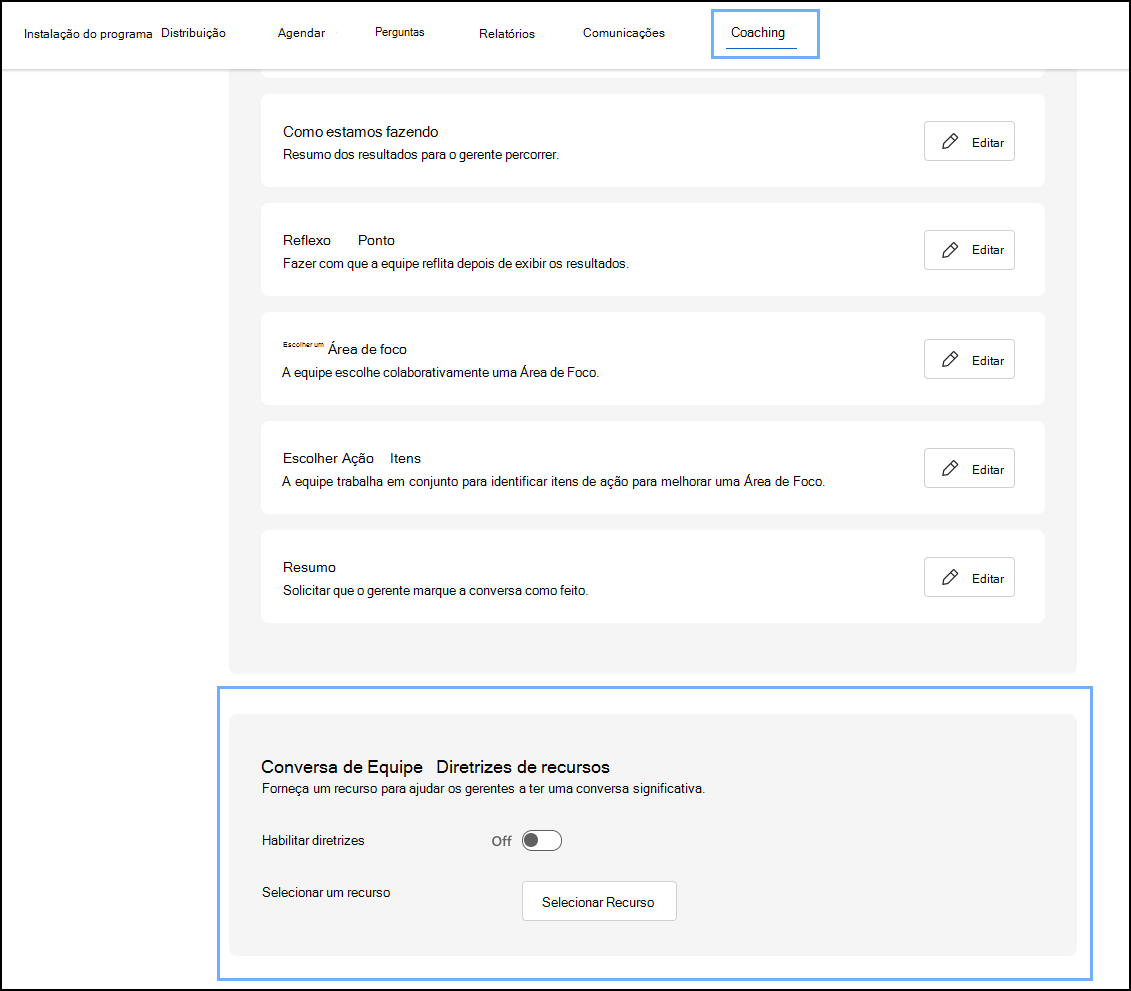 Captura de ecrã da secção Orientação do Recurso de Conversação da Equipa para configuração de administrador.