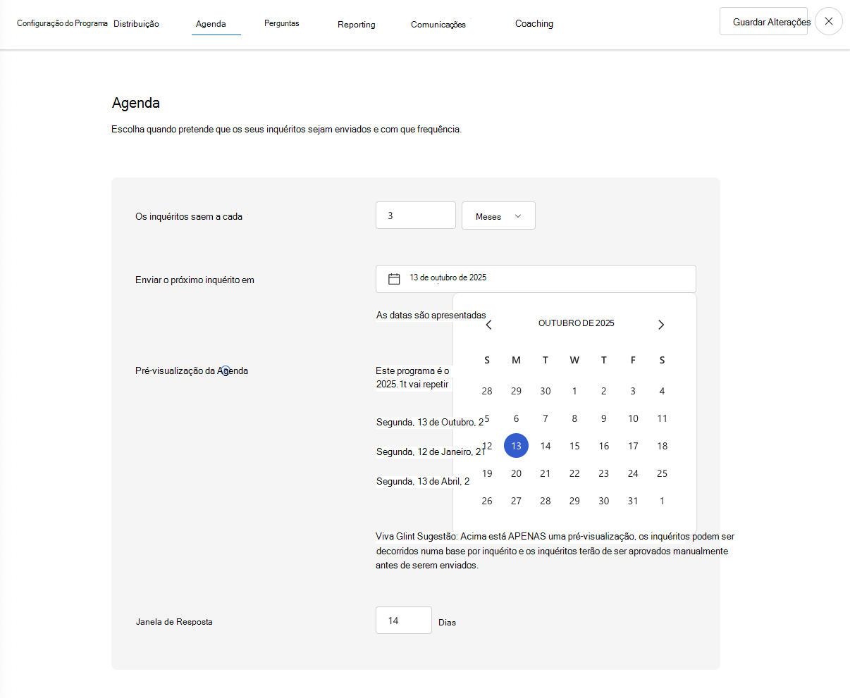 Captura de ecrã da página Agenda do inquérito Viva Glint que permite aos administradores escolher itens como a data de início do inquérito.