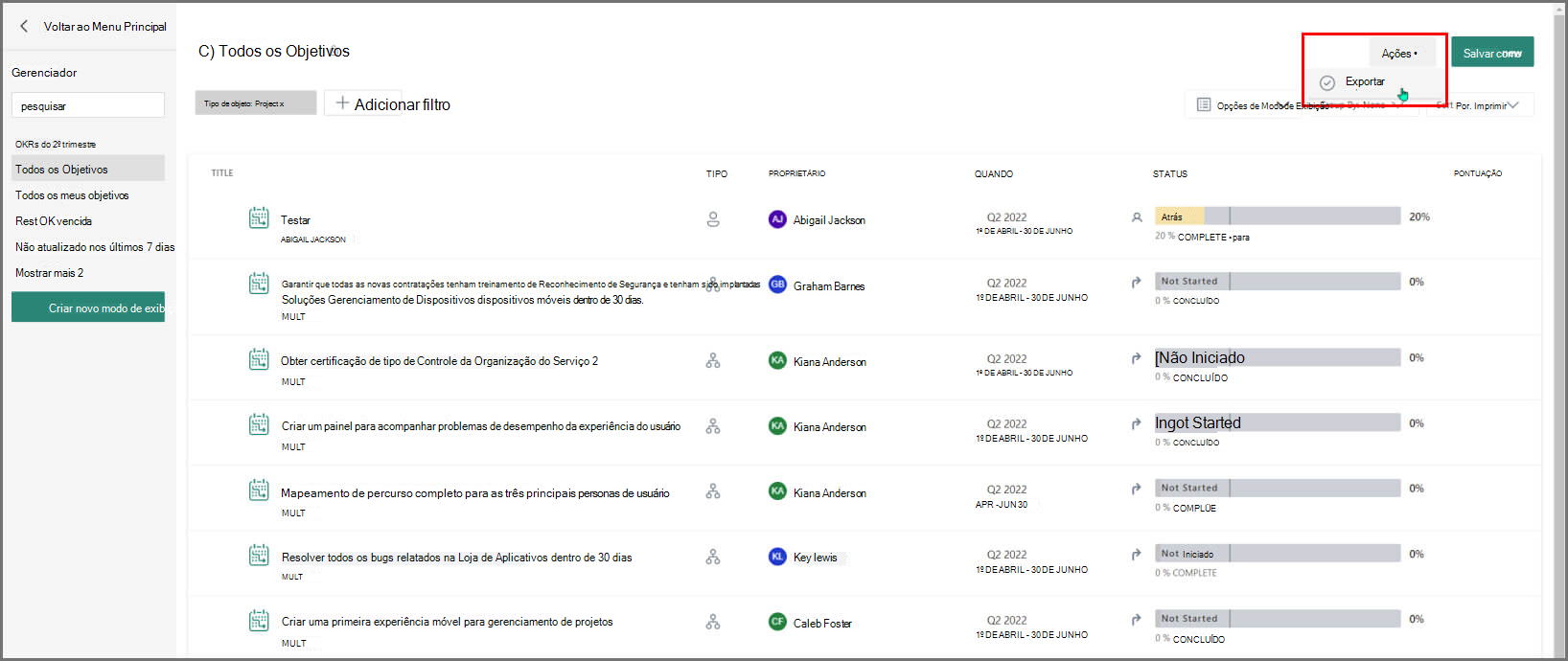 A captura de tela mostra como escolher exportar dados.