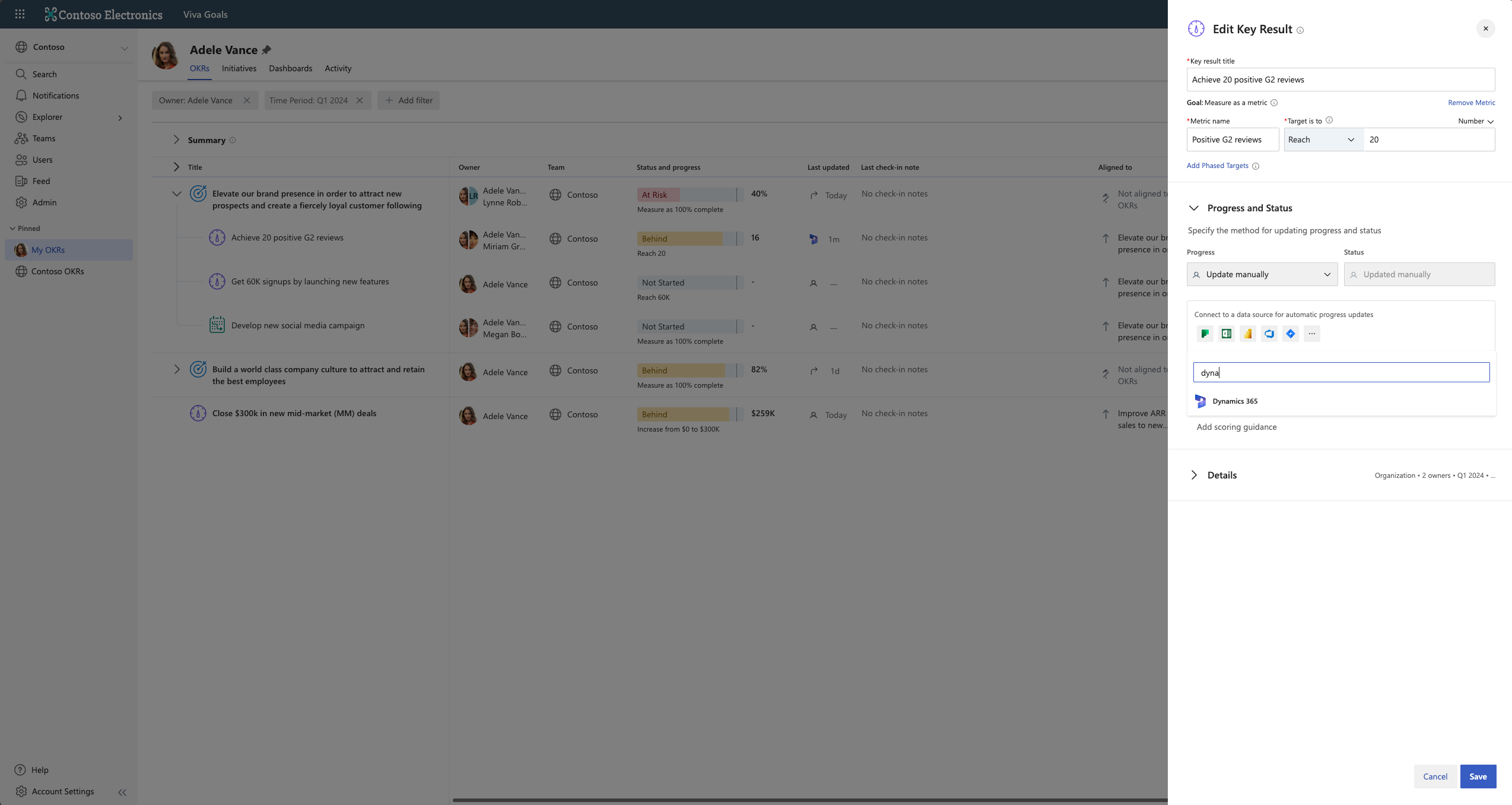 Captura de tela da seleção da opção Dynamics 365 para um resultado chave.