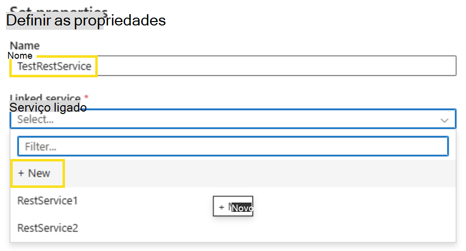 Captura de ecrã que mostra como atribuir um nome ao serviço e adicionar um novo serviço ligado.