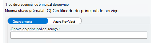Captura de ecrã que mostra como introduzir a chave do principal de serviço.