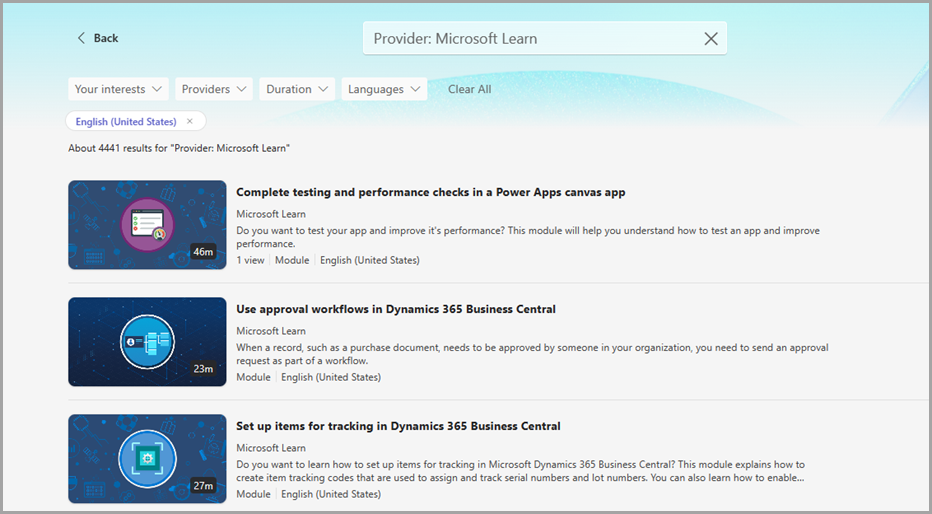 Um exemplo de uma consulta de atributo único que refina as pesquisas por um fornecedor, o Microsoft Learn