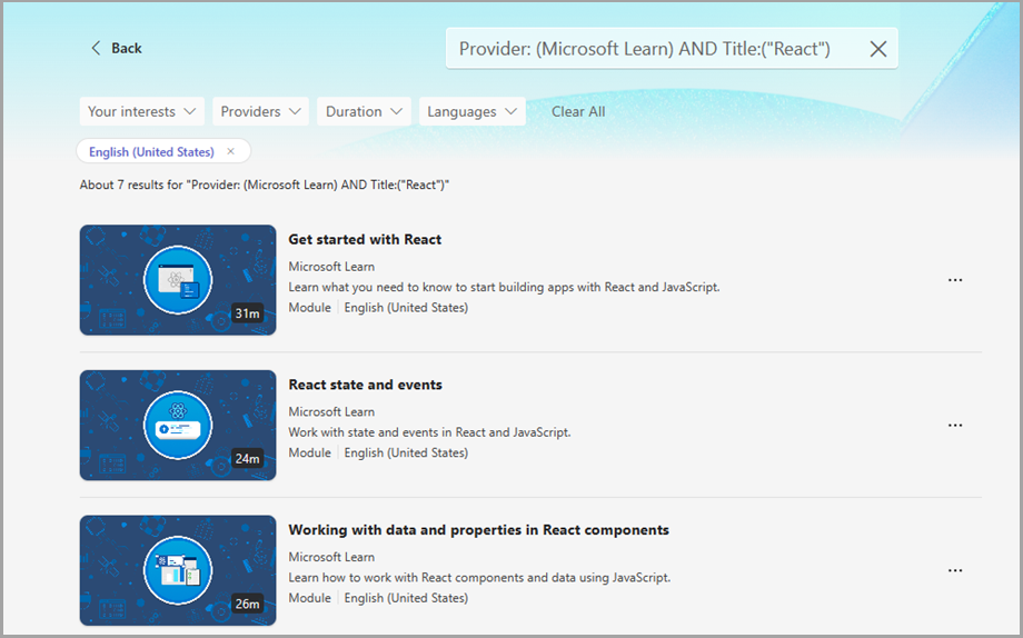 Um exemplo de uma consulta de múltiplos atributos que refina as pesquisas por conteúdo de um fornecedor (Microsoft Learn) com o termo 