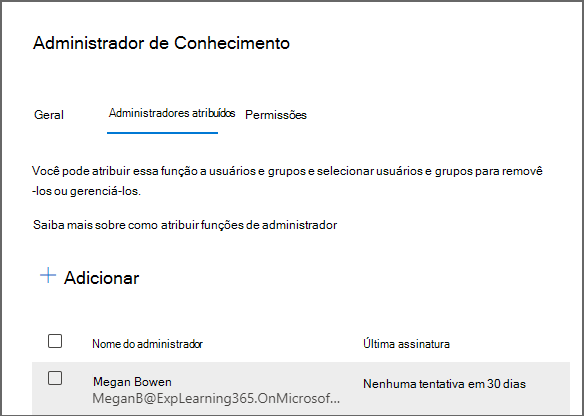 A página funções no Centro de administração do Microsoft 365 mostrando o painel Administrador de Conhecimento para adicionar um usuário.
