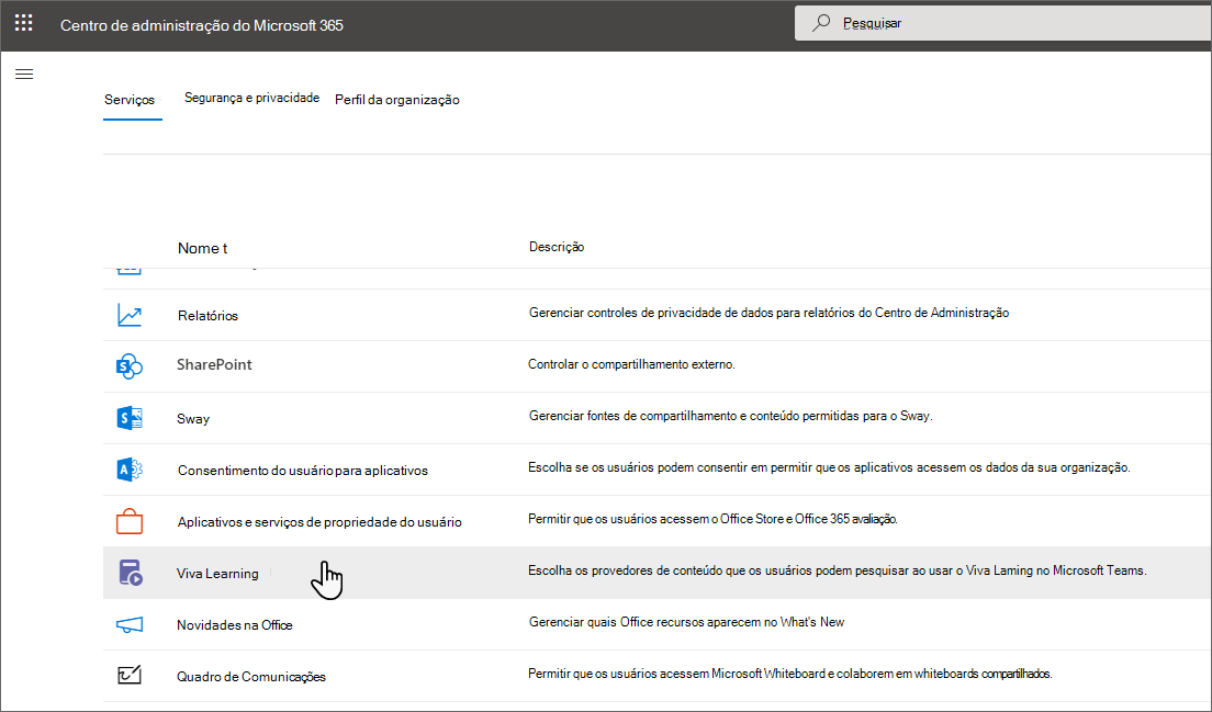 A página Configurações no Centro de administração do Microsoft 365 mostrando o aplicativo Learning listado.