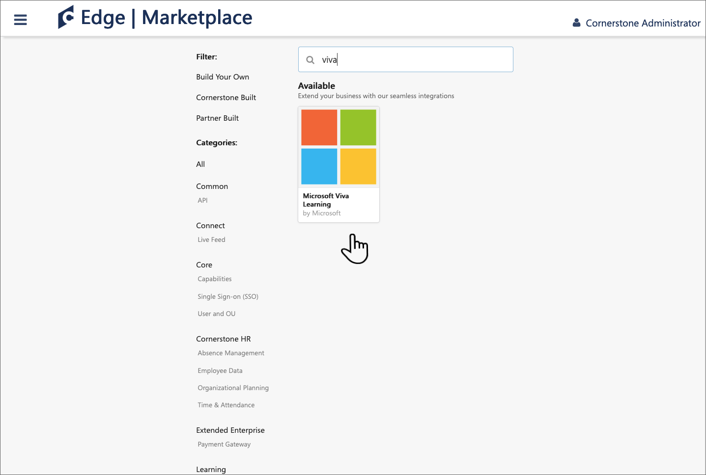 Captura de tela do cursor que paira sobre o bloco Viva Learning no Marketplace.
