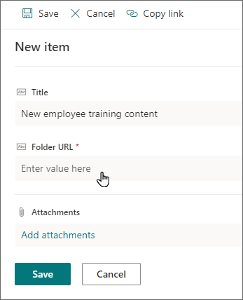Novo painel de itens no SharePoint mostrando os campos url de título e pasta.
