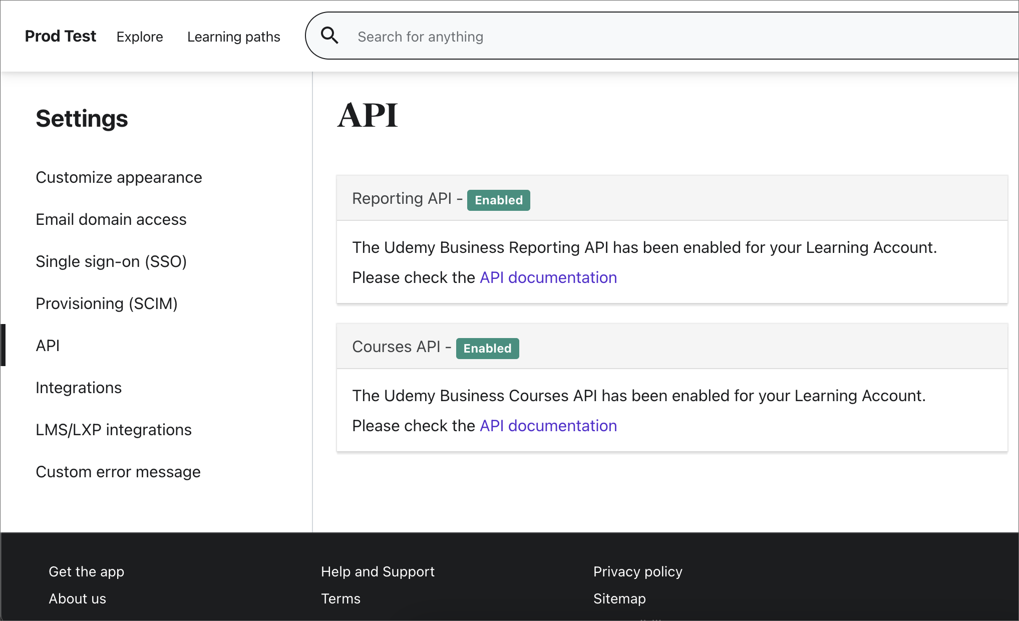 Imagem das configurações da API com APIs mostrando como habilitada.