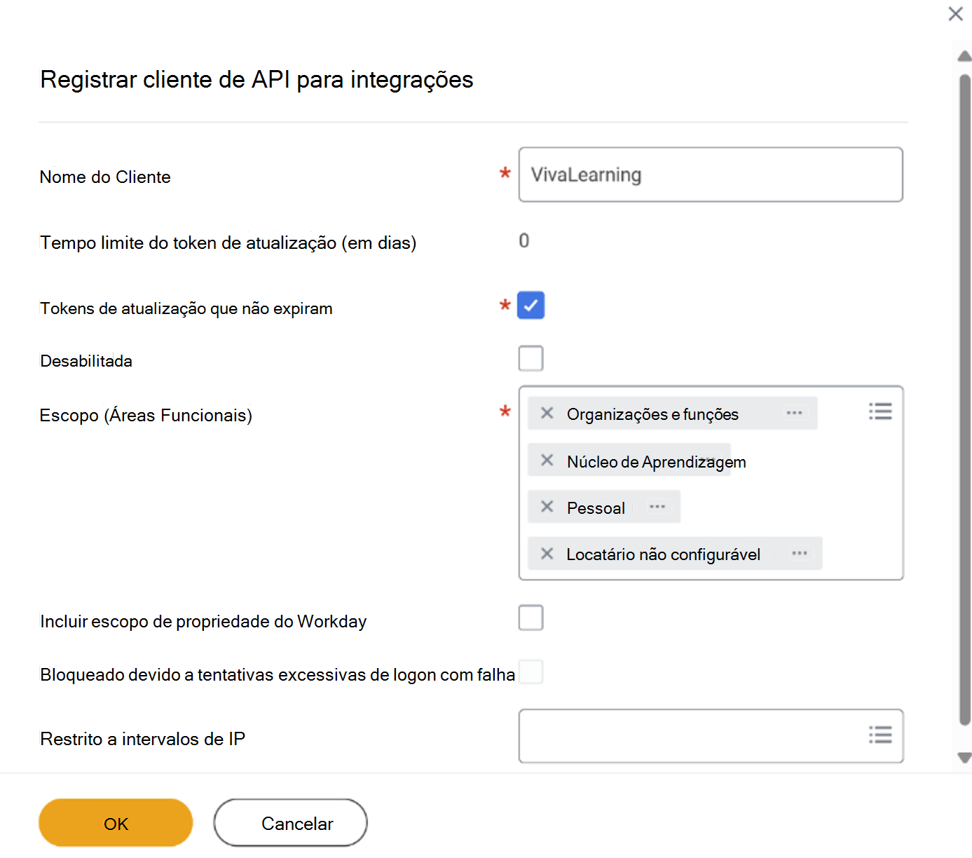 Captura de ecrã do Cliente da API de Registo para Integrações