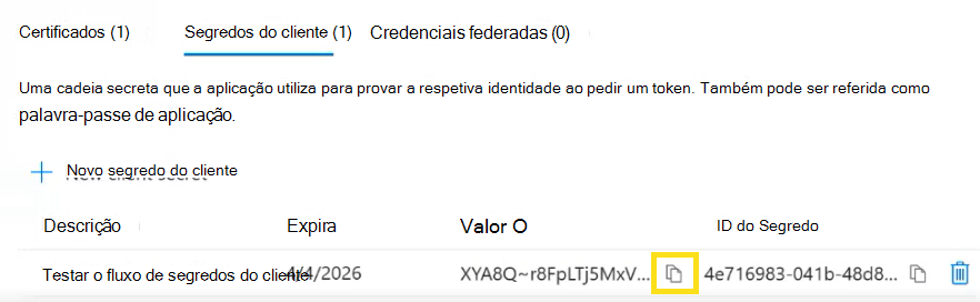 Captura de ecrã que mostra como copiar o segredo do cliente.