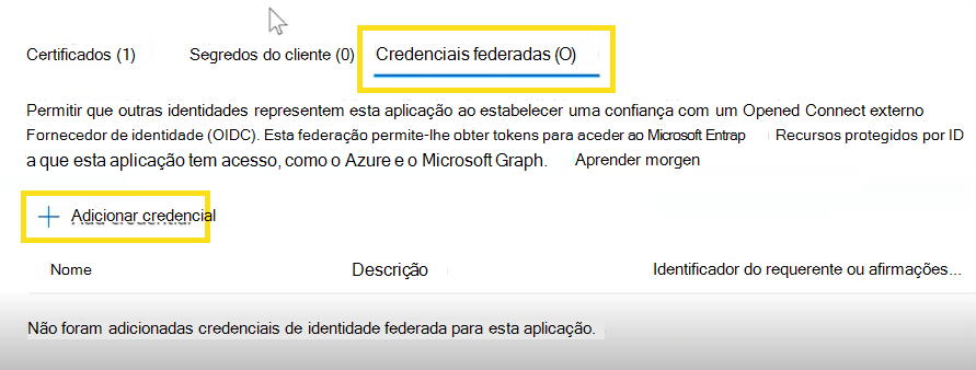 Captura de ecrã que mostra como adicionar uma credencial federada.