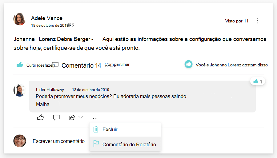 Captura de tela mostrando o relatório do usuário para comentar.