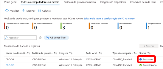 Captura de tela do status de restauração do Cloud PC