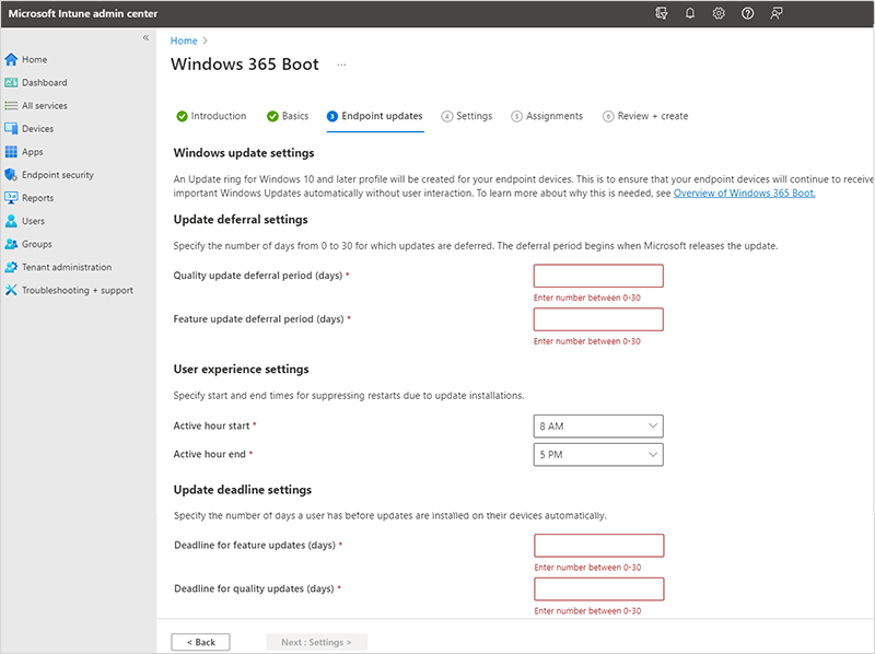 Captura de tela da guia atualizações de ponto de extremidade do cenário guiado de inicialização Windows 365.