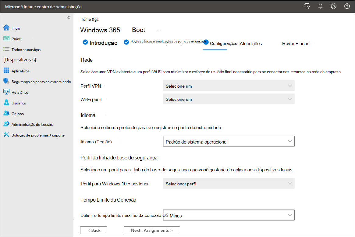 Captura de tela da guia Configurações de cenário guiada Windows 365 Inicialização.