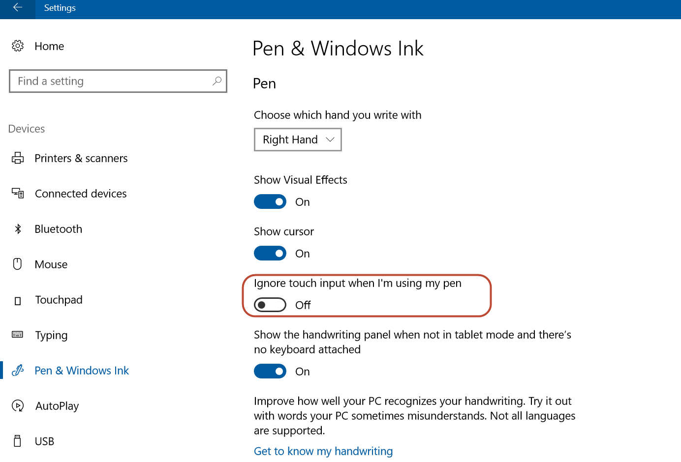 Captura de tela das configurações de Caneta e Windows Ink