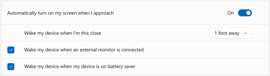 Exemplo de configurações para Ativação por aproximação no Windows 11 22H2 e posteriores