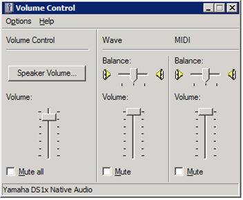 Captura de tela da caixa de diálogo controle de volume SndVol32 exibindo controles para dispositivos multicanal.