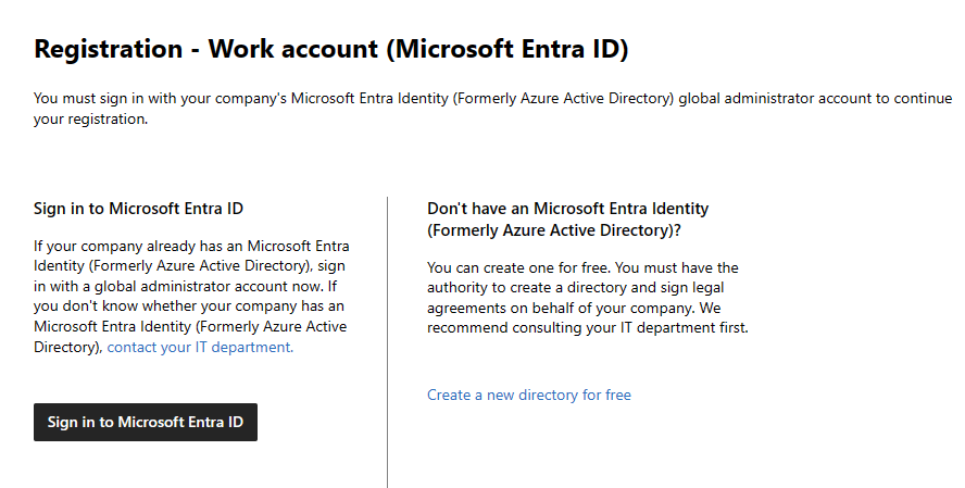 Captura de tela da página ID do Microsoft Entra do processo de registro do Hardware Developer Program. O botão 'Entrar no Microsoft Entra ID' está selecionado.