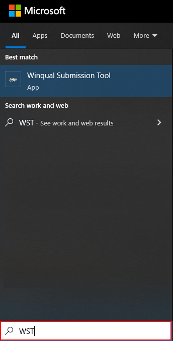 Captura de tela do resultado da pesquisa do Windows para 'WST'.