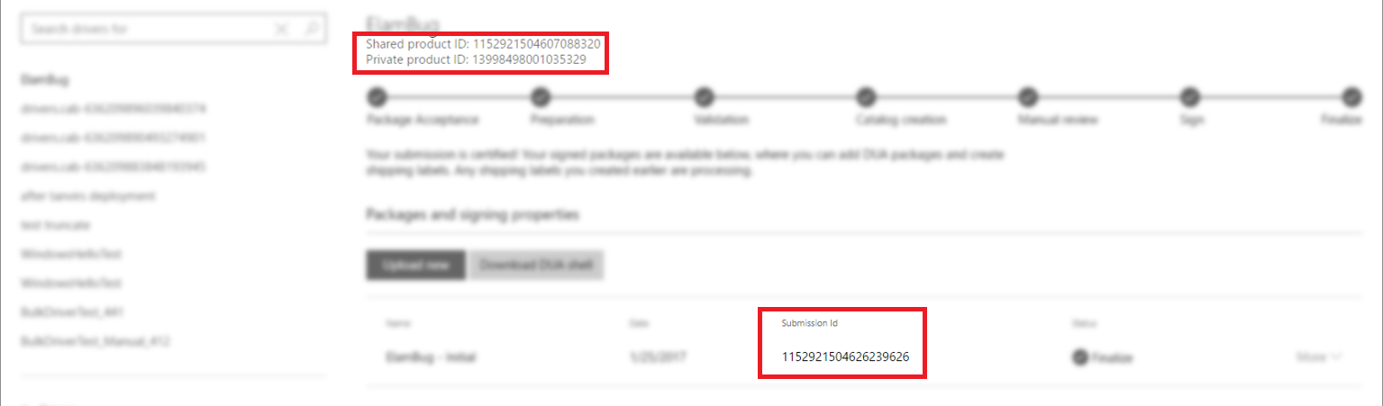 captura de tela que mostra que os três tipos de ID e valores estão listados no Partner Center.
