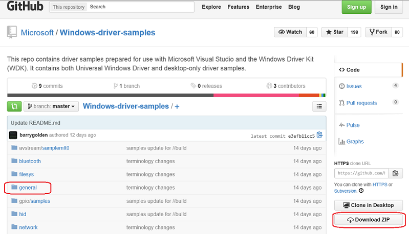 Captura de tela da página windows-driver-samples do GitHub realçando a pasta geral e o botão zip de download.