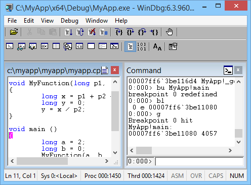 Screenshot of source code displayed in WinDbg.