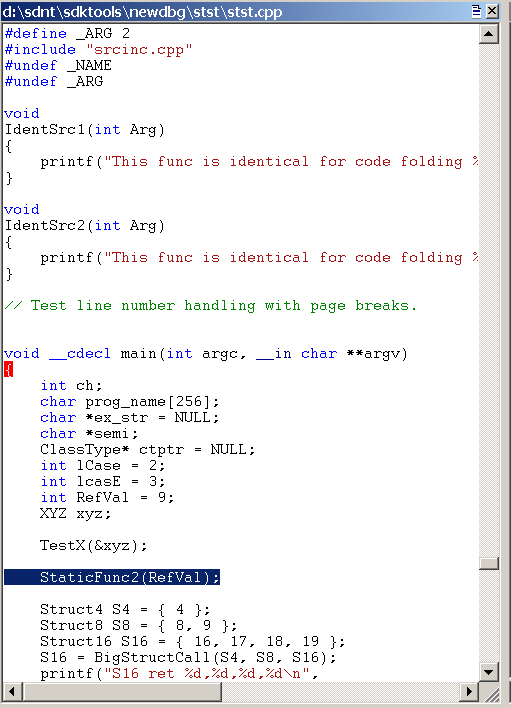 Captura de tela da janela Origem no WinDbg, exibindo um arquivo de origem carregado.