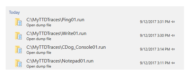 Captura de tela da lista de abertura de arquivos mostrando cinco arquivos de rastreamento .run usados recentemente.