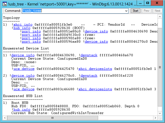 Captura de tela da saída do comando !usb_tree exibindo topologia, dispositivos enumerados e lista de hubs.