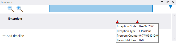 Captura de tela de uma linha do tempo no depurador exibindo exceções com informações sobre um código de exceção específico.