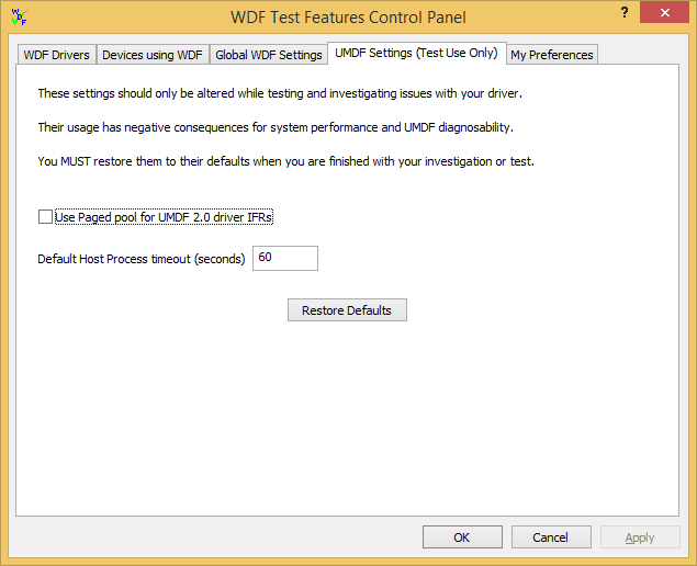 Captura de tela da guia Configurações do UMDF (Somente Uso de Teste) no Verificador do WDF.
